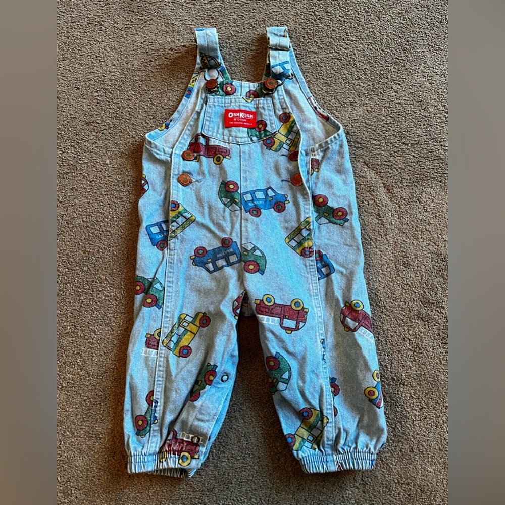 Vintage OshKosh B’gosh Infant size 12 months Rare ‘Colorful Vehicles’ Overalls